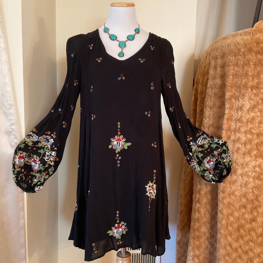 Free People Black Embroidered Oxford Mini Dress